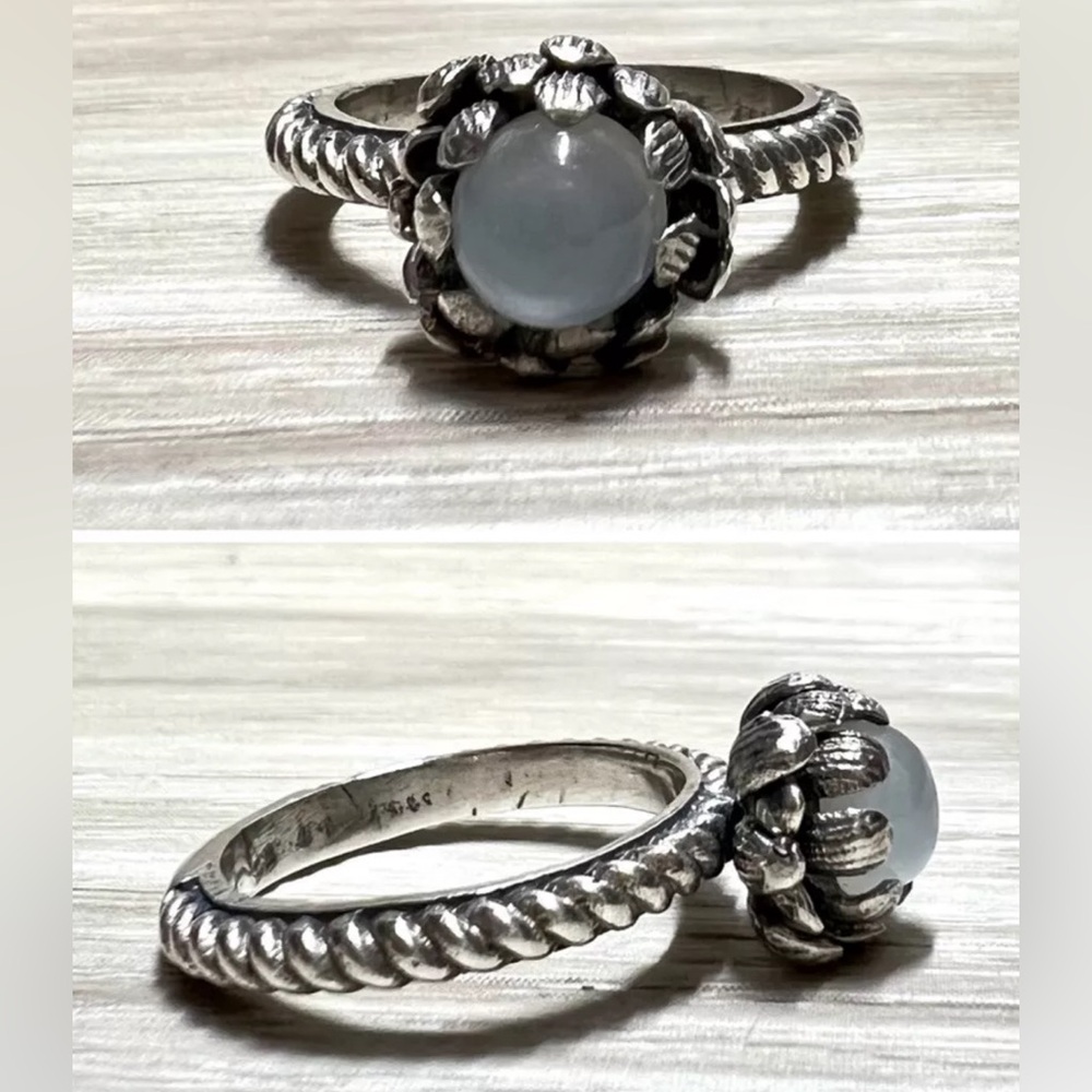 Vintage Handmade Sterling Silver Moonstone Lotus Flower Cable Ring, Size 6